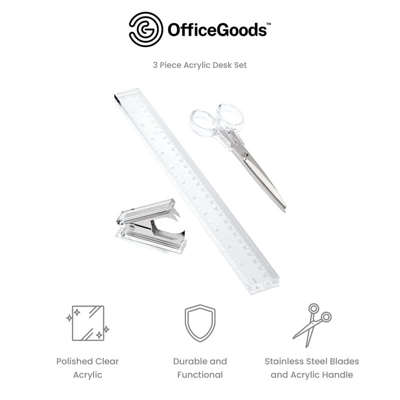 OfficeGoods 3 Piece Acrylic Desk Set - Includes Ruler, Staple Remover, Scissors - Functional & Elegant Desk Accessories - Stationary Tools for Home, Office, and School - Silver - Image 3
